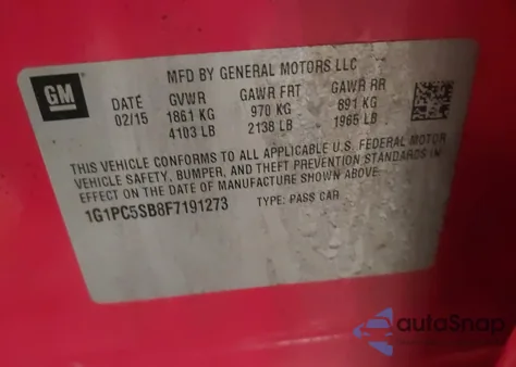 2015 Chevrolet Cruze 1Lt Auto from USA, damaged, VIN 1G1PC5SB8F7191273